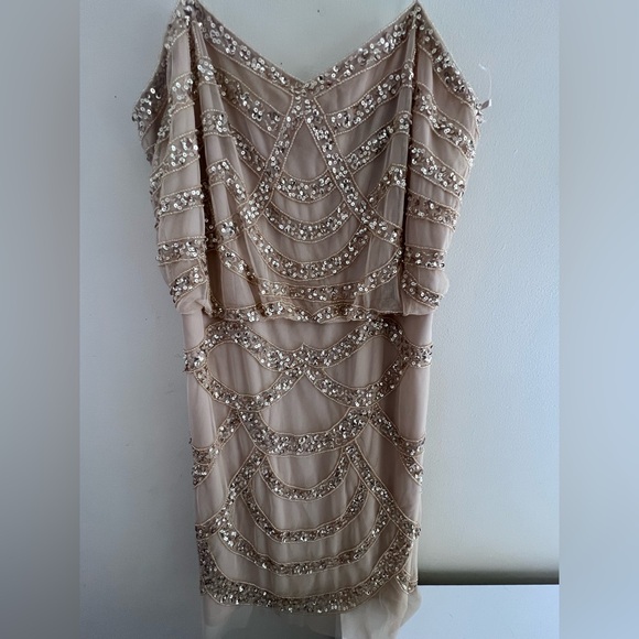 Aiden Mattox Chic Beaded  Beige Beaded Mini Dress - Picture 3 of 10